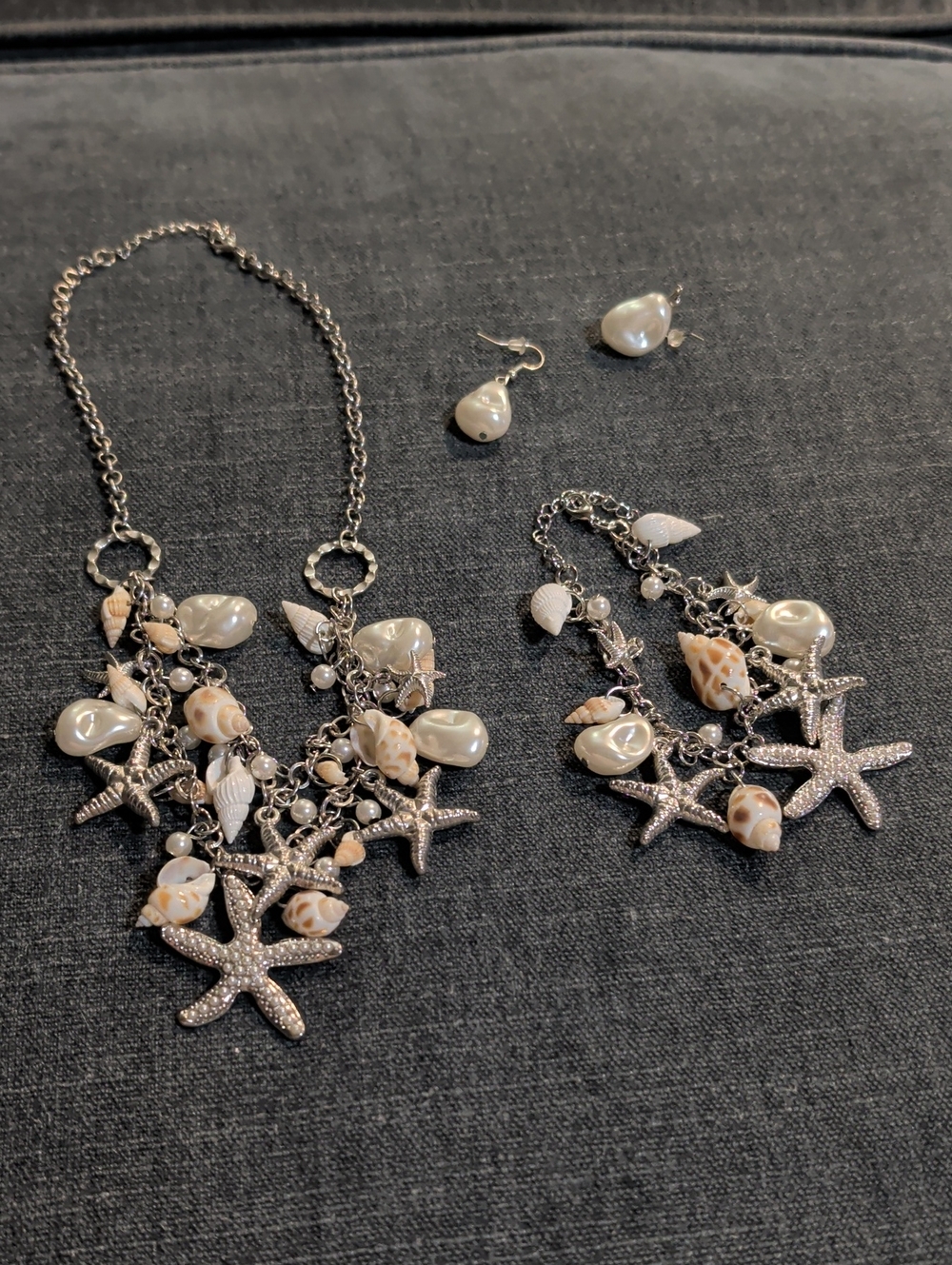 Seashell & Pearl Starfish Necklace and Bracelet Set - Silver Tone